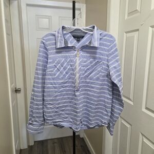Tommy Hilfiger Blue Stripe Cotton Viscose Blend Zip Neck Collared Top Casual